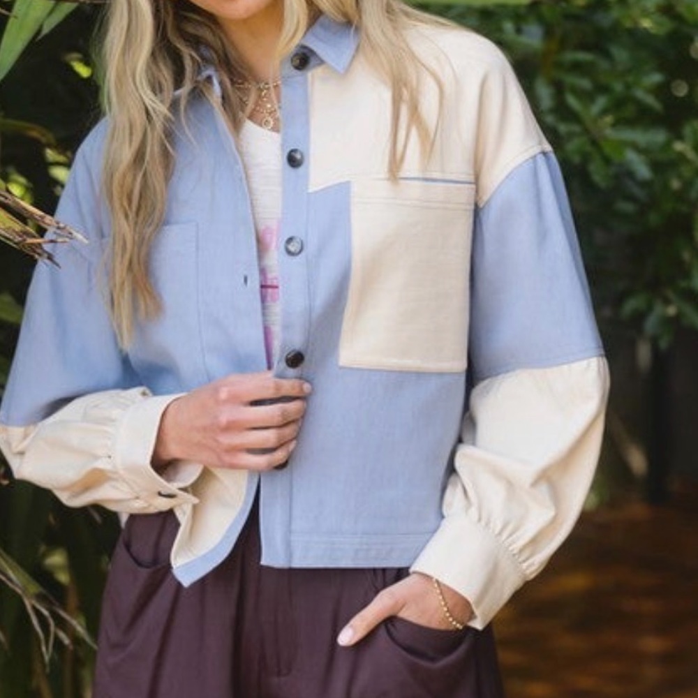 Listicle Denim & Cream Color Block Long Sleeve 100% Cotton Woven Jacket